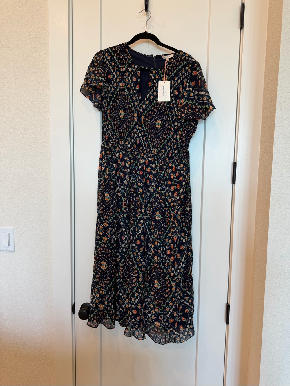Skies Are Blue Navy Floral & Diamond Print Midi Dress